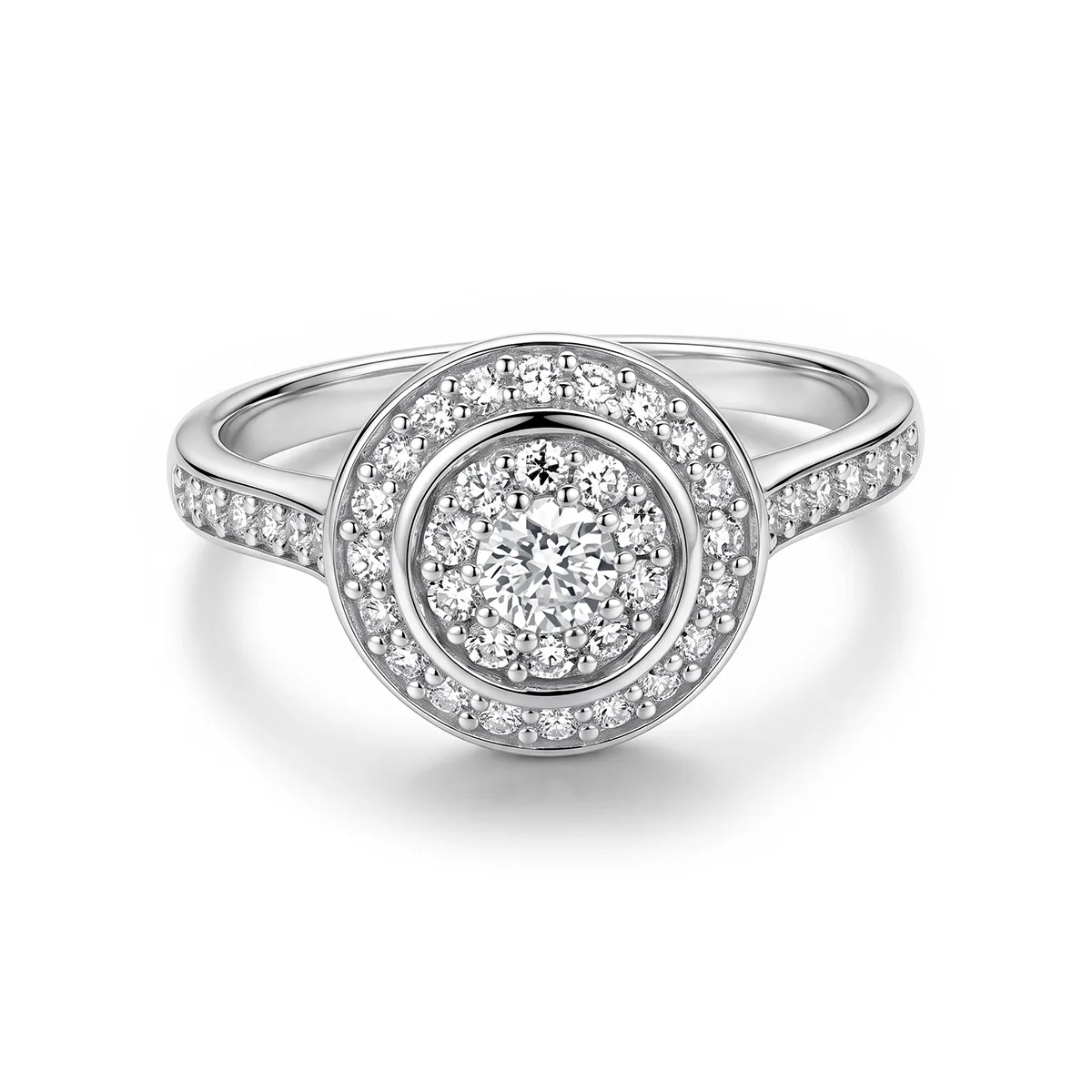 Anillo de compromiso halo redondo, con diamante de laboratorio con un peso total de 0.60Ct, en plata ley 925, rodinado - Colección Sueños
