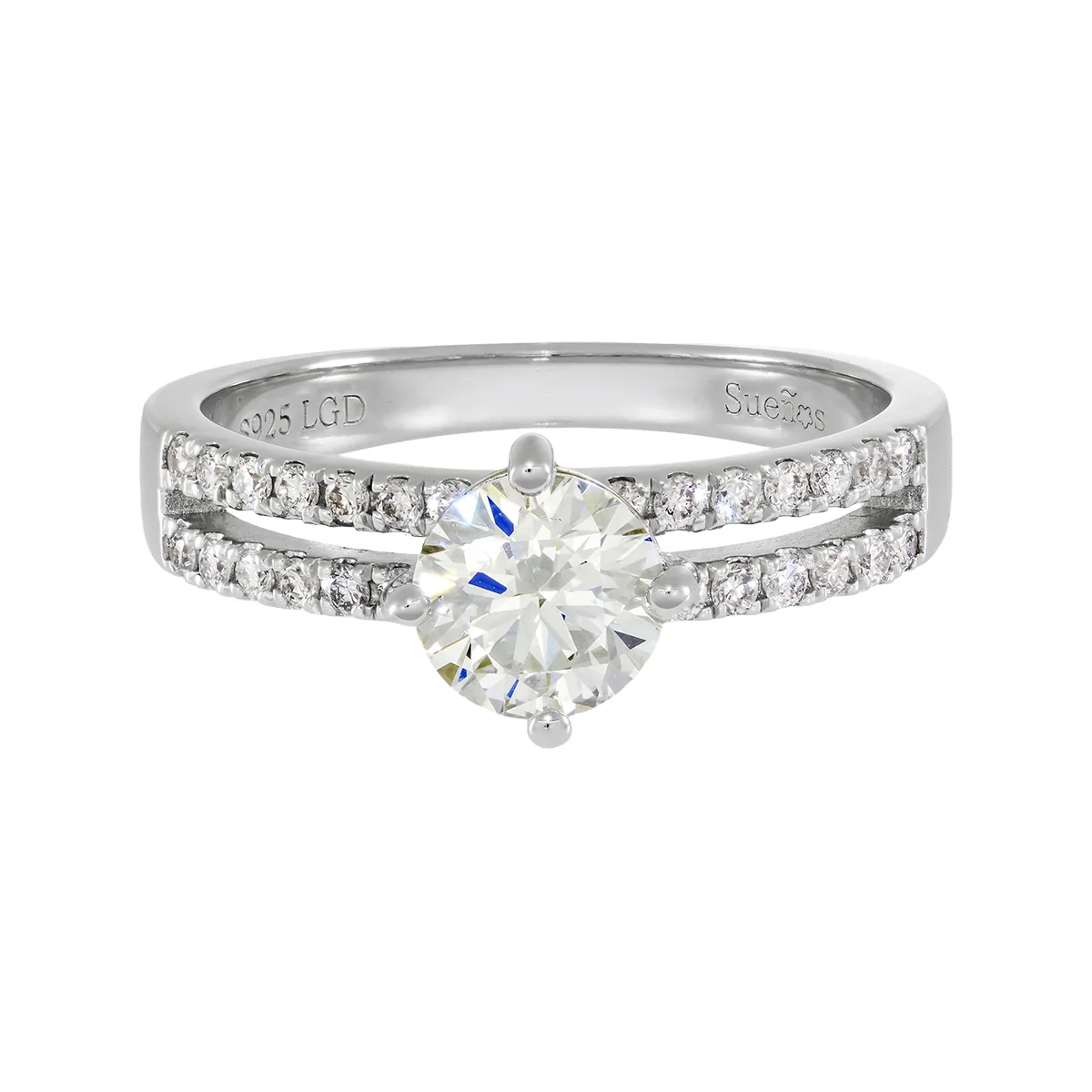 Anillo de compromiso con diamante de laboratorio central redondo de 1.00Ct y decoración en diamantes de laboratorio, en plata ley 925, rodinado - Colección Sueños