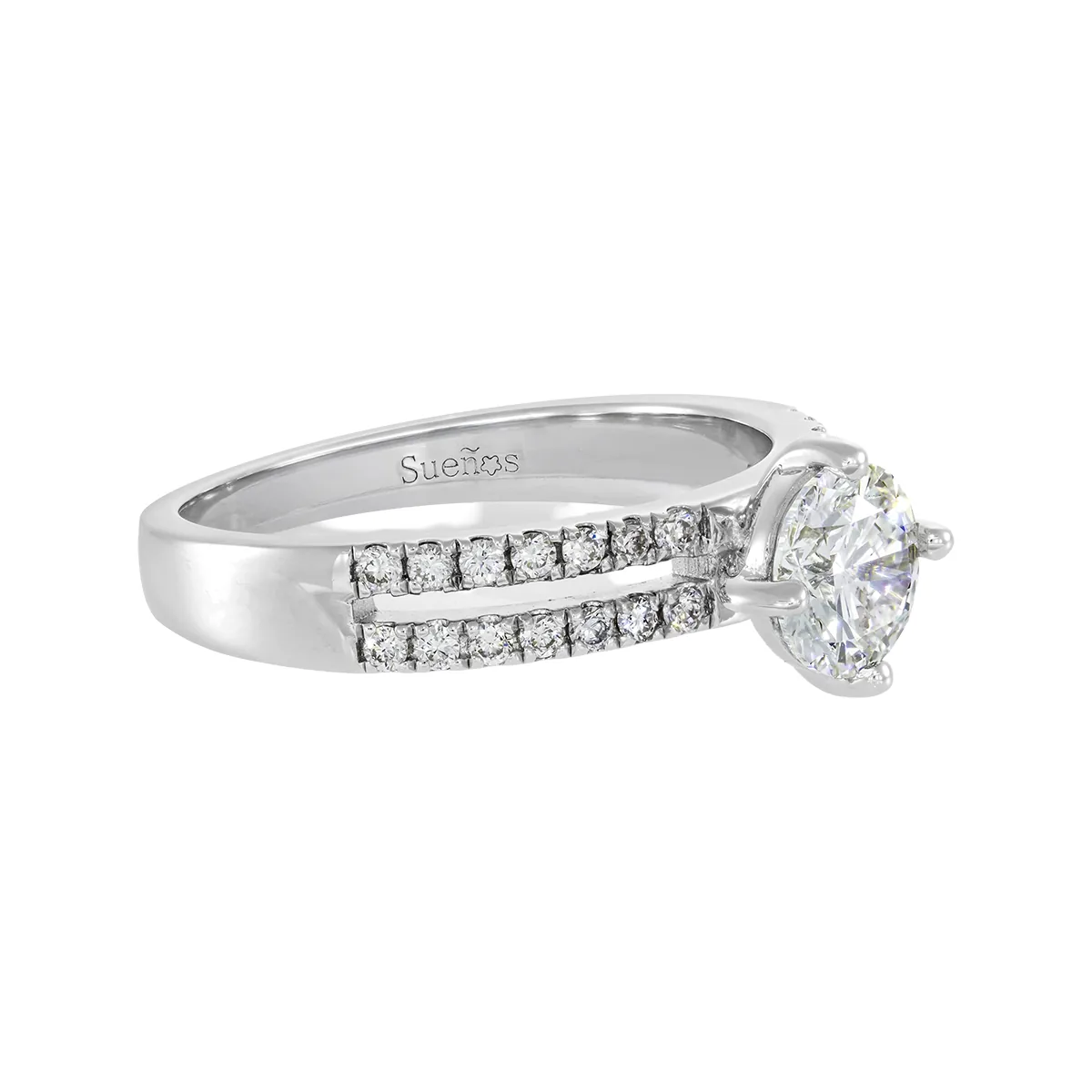 Anillo de compromiso con diamante de laboratorio central redondo de 1.00Ct y decoración en diamantes de laboratorio, en plata ley 925, rodinado - Colección Sueños