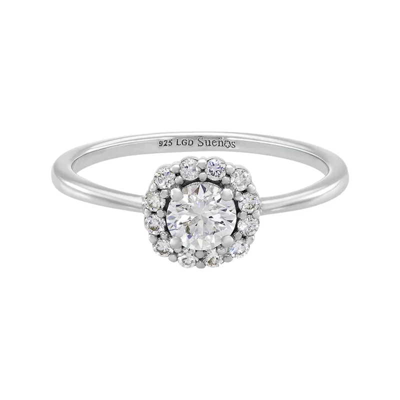 Anillo de compromiso halo cuadrado, con diamante de laboratorio central redondo de 0.35Ct y decoración en diamantes de laboratorio, en plata ley 925, rodinado, liso - Colección Sueños