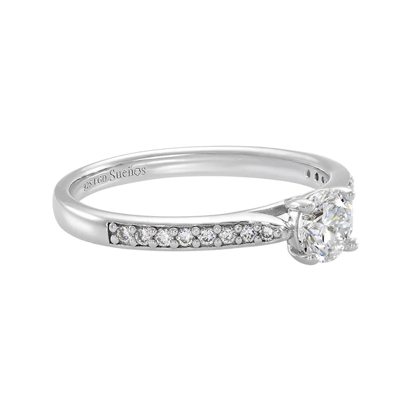 Anillo de compromiso con diamante de laboratorio central redondo de 0.50Ct y decoración en diamantes de laboratorio, en plata ley 925, rodinado - Colección Sueños