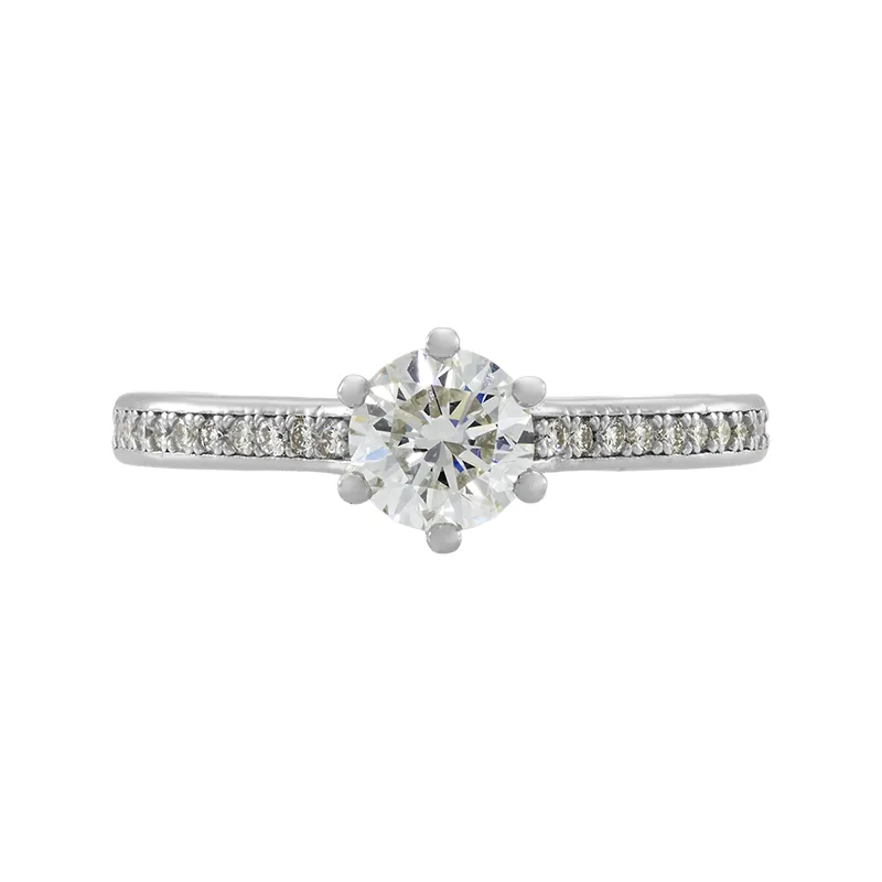 Anillo de compromiso con diamante de laboratorio central redondo de 0.50Ct y decoración en diamantes de laboratorio, en plata ley 925, rodinado - Colección Sueños