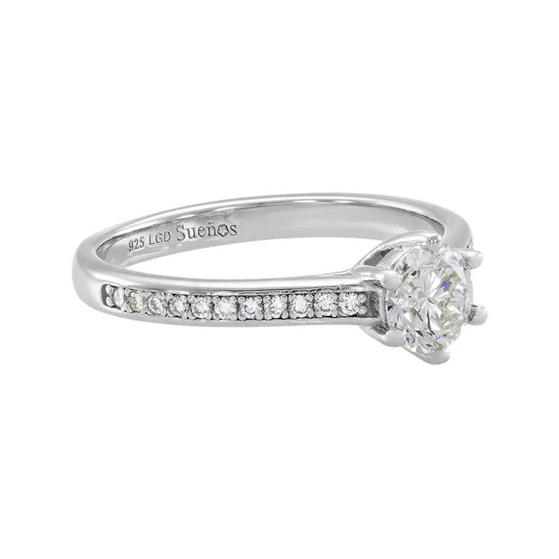 Anillo de compromiso con diamante de laboratorio central redondo de 0.50Ct y decoración en diamantes de laboratorio, en plata ley 925, rodinado - Colección Sueños