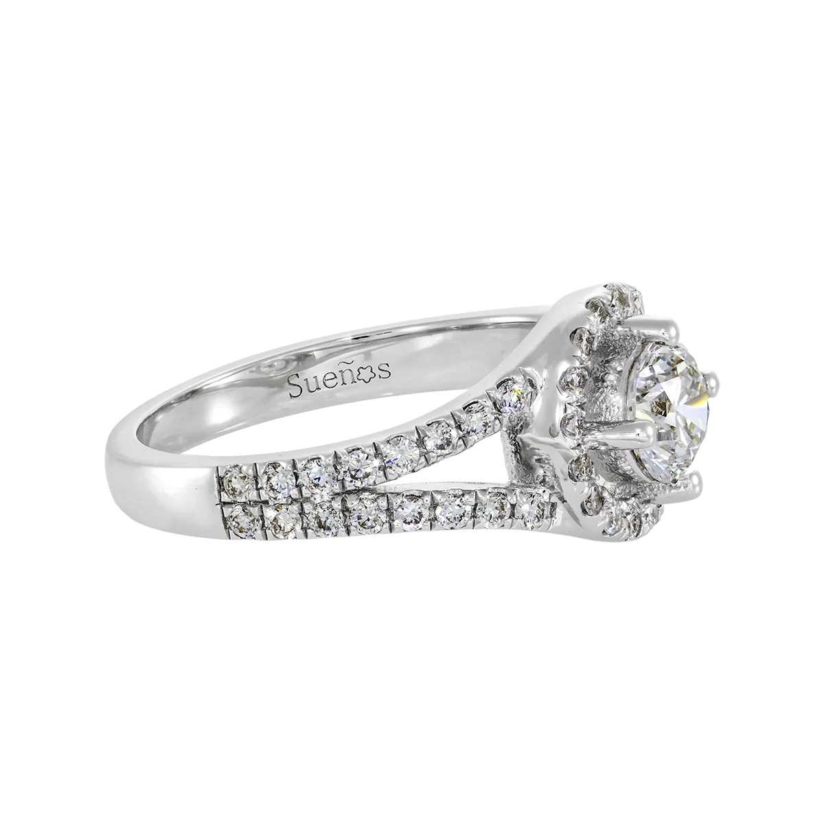 Anillo de compromiso con diamante de laboratorio central redondo de 0.50Ct y decoración en diamantes de laboratorio, en plata ley 925, rodinado - Colección Sueños