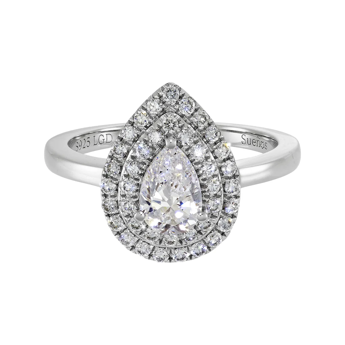 Anillo de compromiso halo doble, con diamante de laboratorio central pera de 0.50Ct y decoración en diamantes de laboratorio, en plata ley 925, rodinado - Colección Sueños