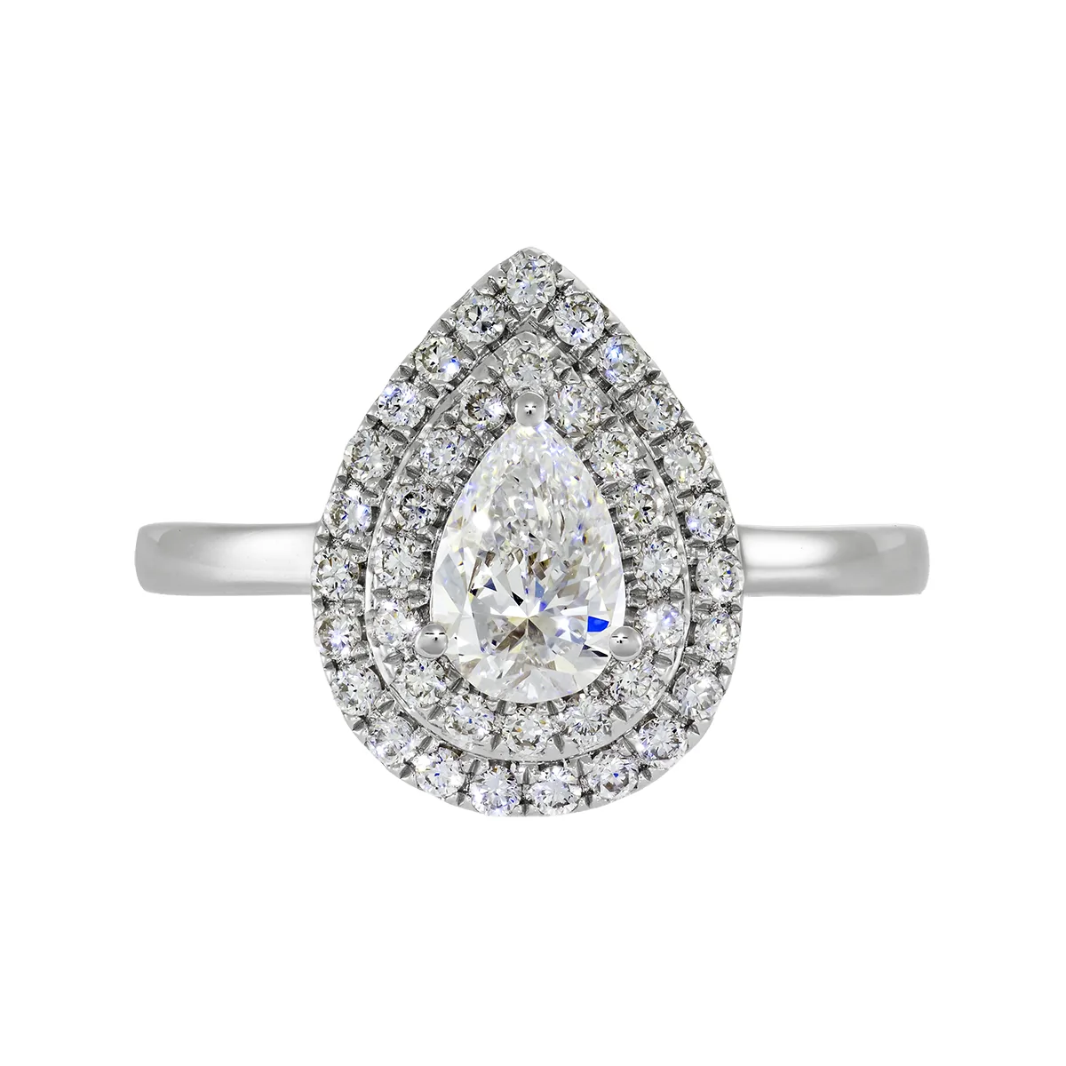 Anillo de compromiso halo doble, con diamante de laboratorio central pera de 0.50Ct y decoración en diamantes de laboratorio, en plata ley 925, rodinado - Colección Sueños