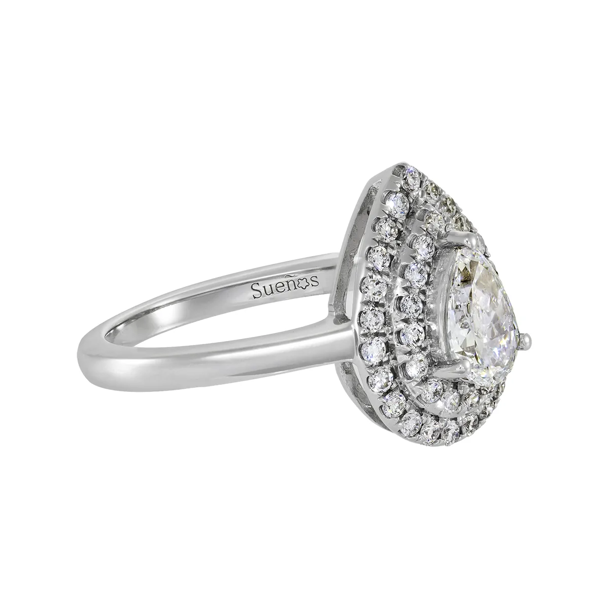 Anillo de compromiso halo doble, con diamante de laboratorio central pera de 0.50Ct y decoración en diamantes de laboratorio, en plata ley 925, rodinado - Colección Sueños