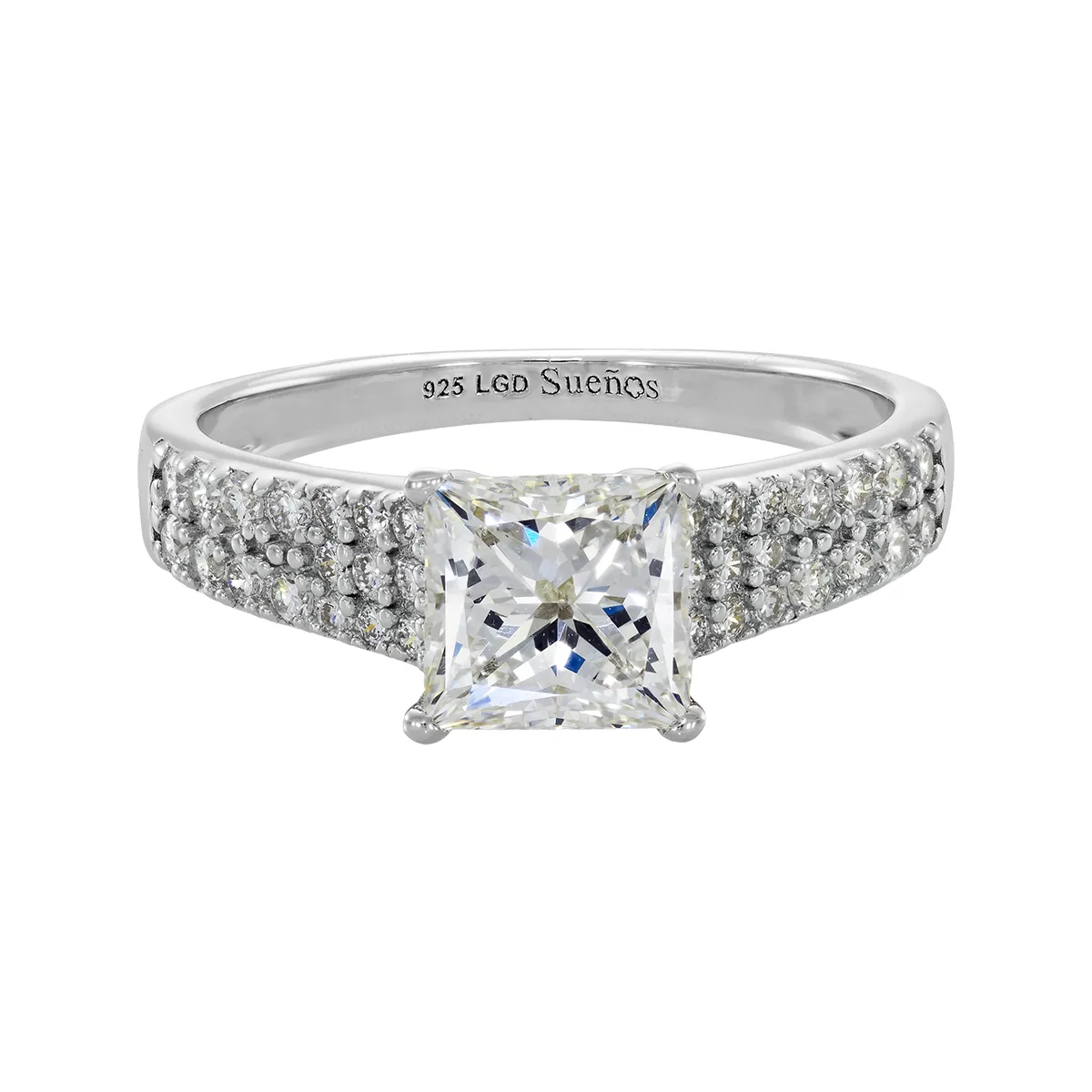 Anillo de compromiso con diamante de laboratorio central princess de 1.50Ct y decoración en diamantes de laboratorio, en plata ley 925, rodinado - Colección Sueños