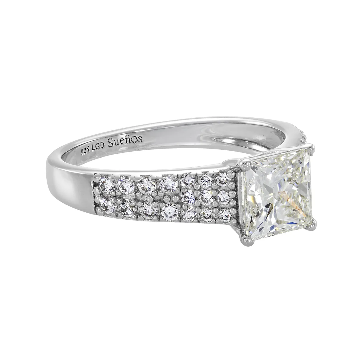 Anillo de compromiso con diamante de laboratorio central princess de 1.50Ct y decoración en diamantes de laboratorio, en plata ley 925, rodinado - Colección Sueños