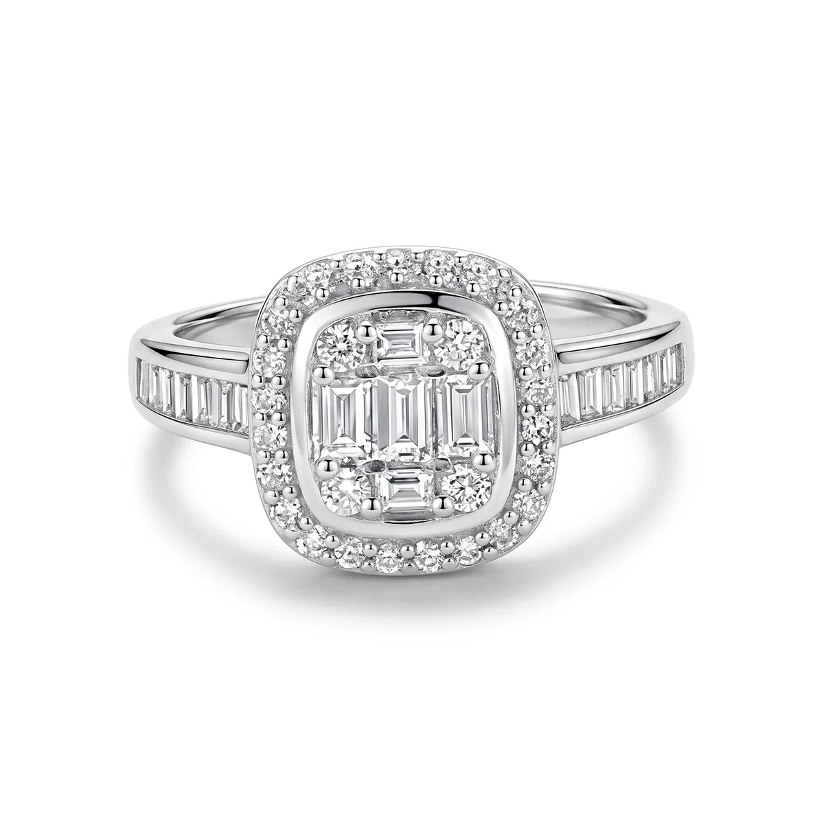 Anillo de compromiso halo rectangular, con diamante de laboratorio, en plata ley 925, rodinado - Colección Sueños