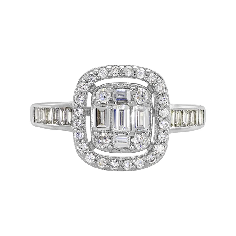 Anillo de compromiso halo rectangular, con diamante de laboratorio, en plata ley 925, rodinado - Colección Sueños