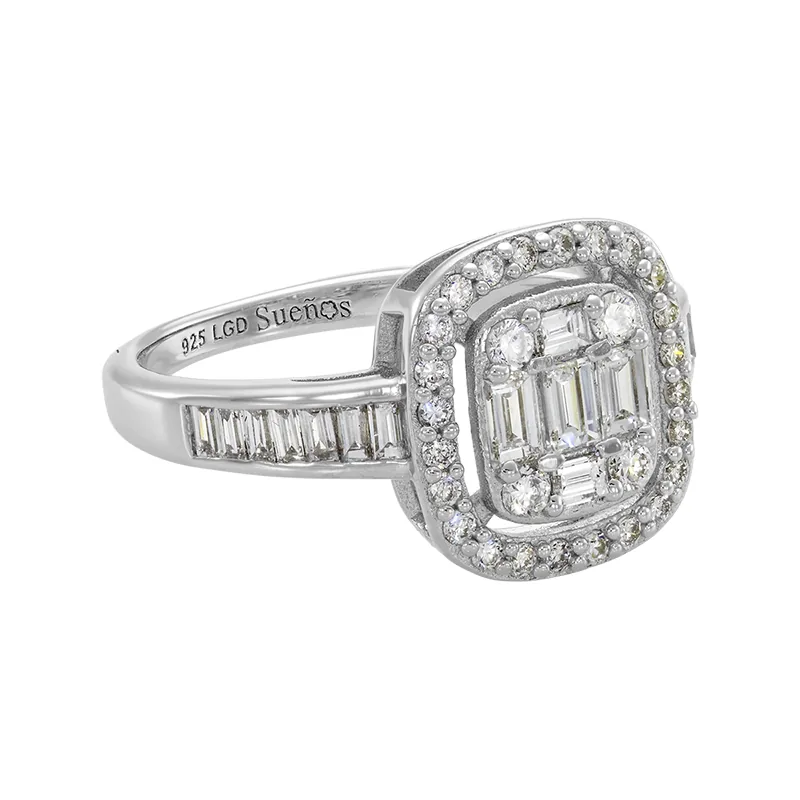 Anillo de compromiso halo rectangular, con diamante de laboratorio, en plata ley 925, rodinado - Colección Sueños