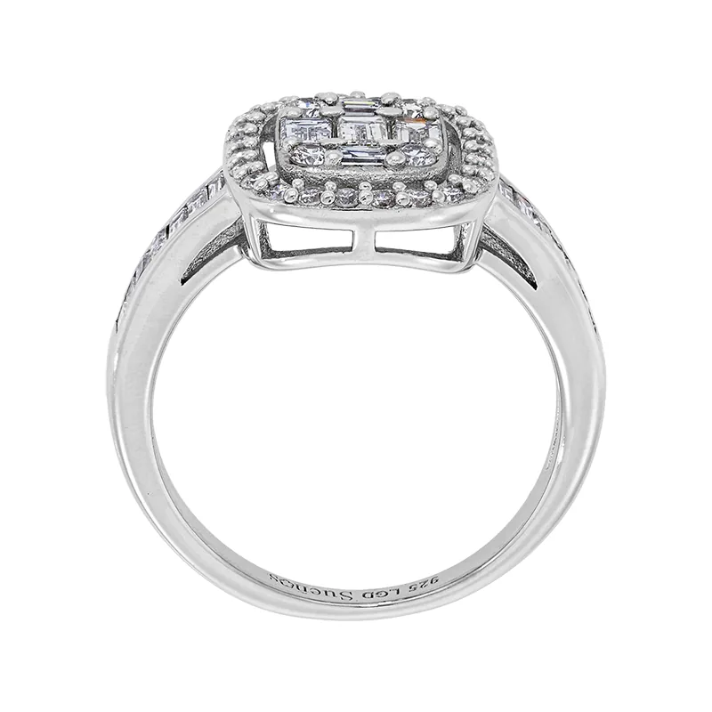 Anillo de compromiso halo rectangular, con diamante de laboratorio, en plata ley 925, rodinado - Colección Sueños