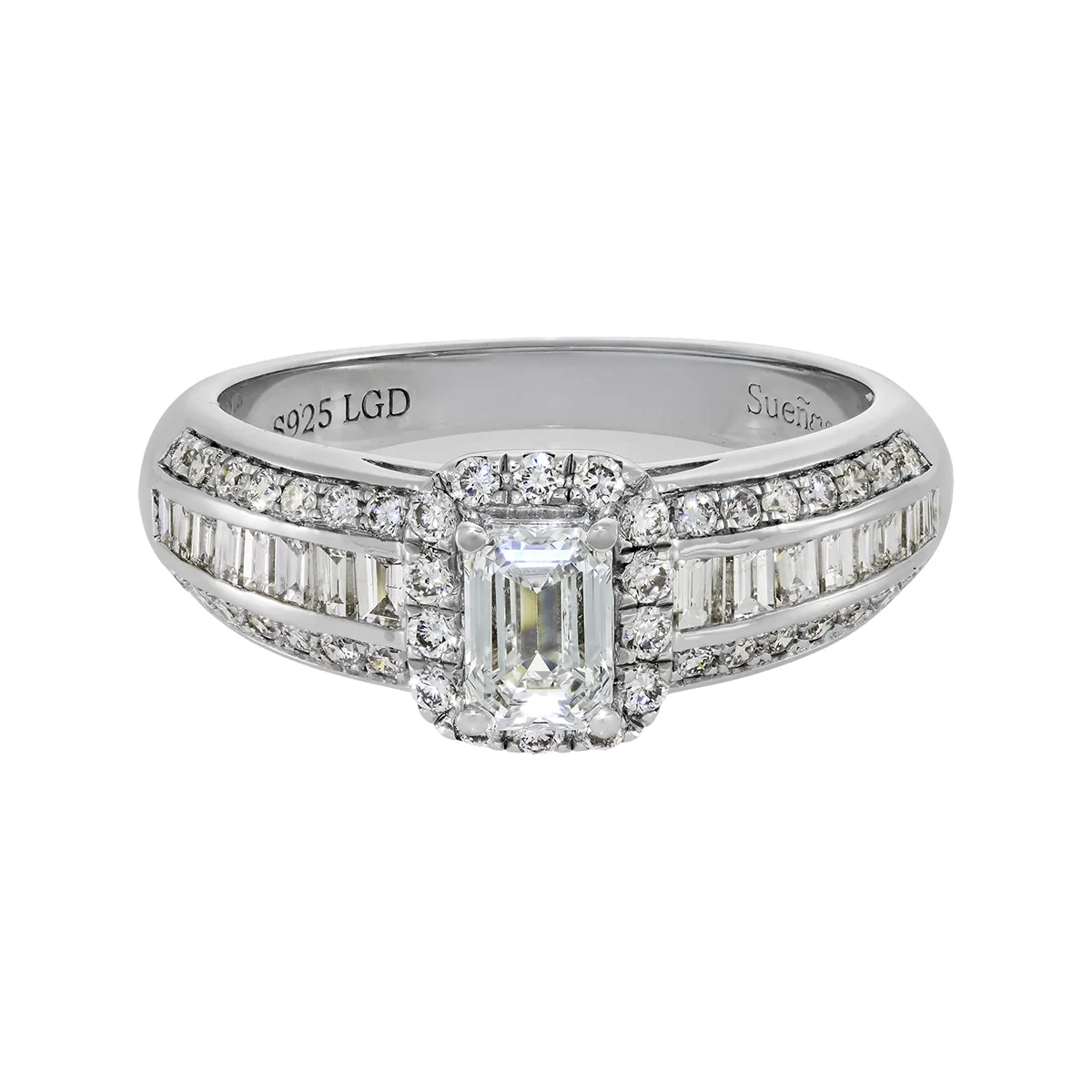Anillo de compromiso halo rectangular, con diamante de laboratorio central corte esmeralda de 0.50Ct y decoración en diamantes de laboratorio, en plata ley 925, rodinado - Colección Sueños