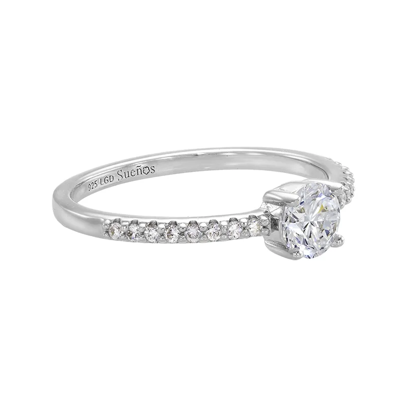 Anillo de compromiso con diamante de laboratorio central redondo de 0.50Ct y decoración en diamantes de laboratorio, en plata ley 925, rodinado - Colección Sueños