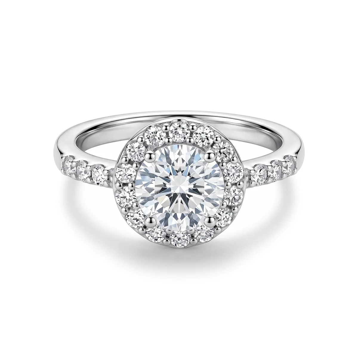 Anillo de compromiso halo redondo, con diamante de laboratorio central redondo y decoración en diamantes de laboratorio, en plata ley 925, rodinado - Colección Sueños