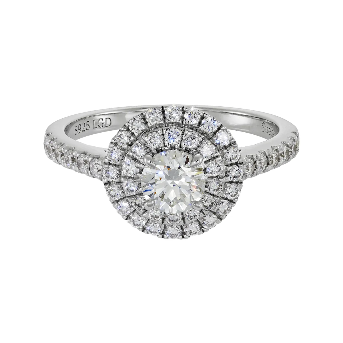 Anillo de compromiso halo doble, con diamante de laboratorio central redondo de 0.50Ct y decoración en diamantes de laboratorio, en plata ley 925, rodinado - Colección Sueños
