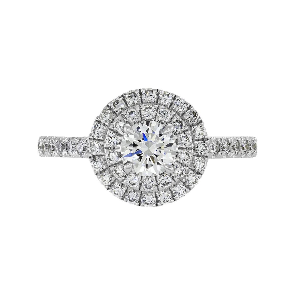 Anillo de compromiso halo doble, con diamante de laboratorio central redondo de 0.50Ct y decoración en diamantes de laboratorio, en plata ley 925, rodinado - Colección Sueños