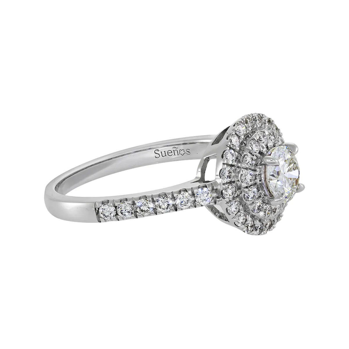 Anillo de compromiso halo doble, con diamante de laboratorio central redondo de 0.50Ct y decoración en diamantes de laboratorio, en plata ley 925, rodinado - Colección Sueños