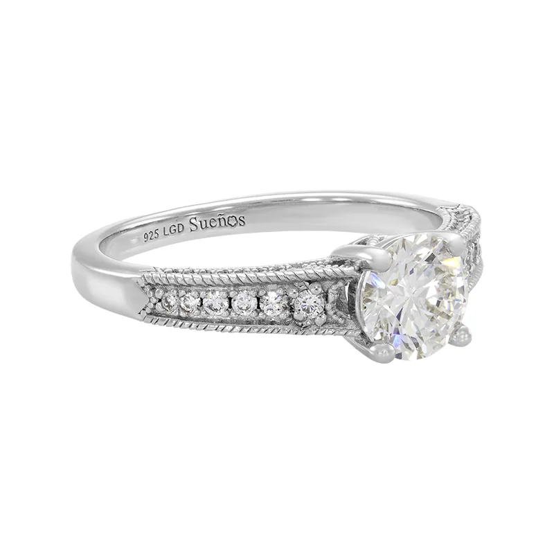 Anillo de compromiso con diamante de laboratorio central redondo de 1.00Ct y decoración en diamantes de laboratorio, en plata ley 925, rodinado - Colección Sueños