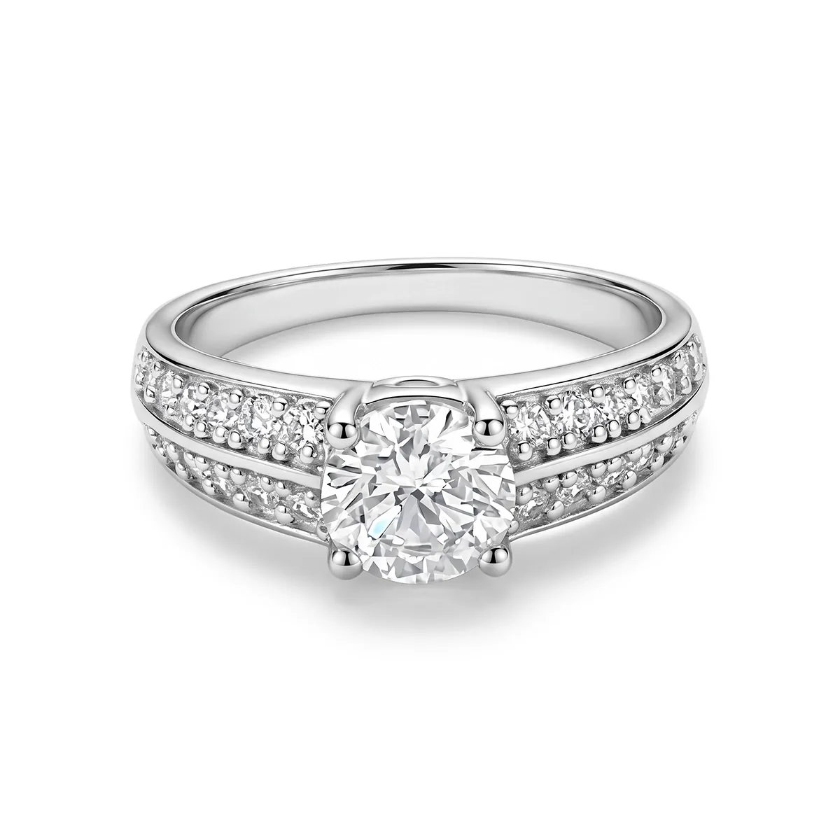 Anillo de compromiso con diamante de laboratorio central redondo de 1.00Ct y decoración en diamantes de laboratorio, en plata ley 925, rodinado - Colección Sueños