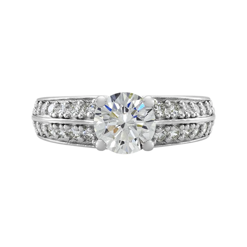 Anillo de compromiso con diamante de laboratorio central redondo de 1.00Ct y decoración en diamantes de laboratorio, en plata ley 925, rodinado - Colección Sueños
