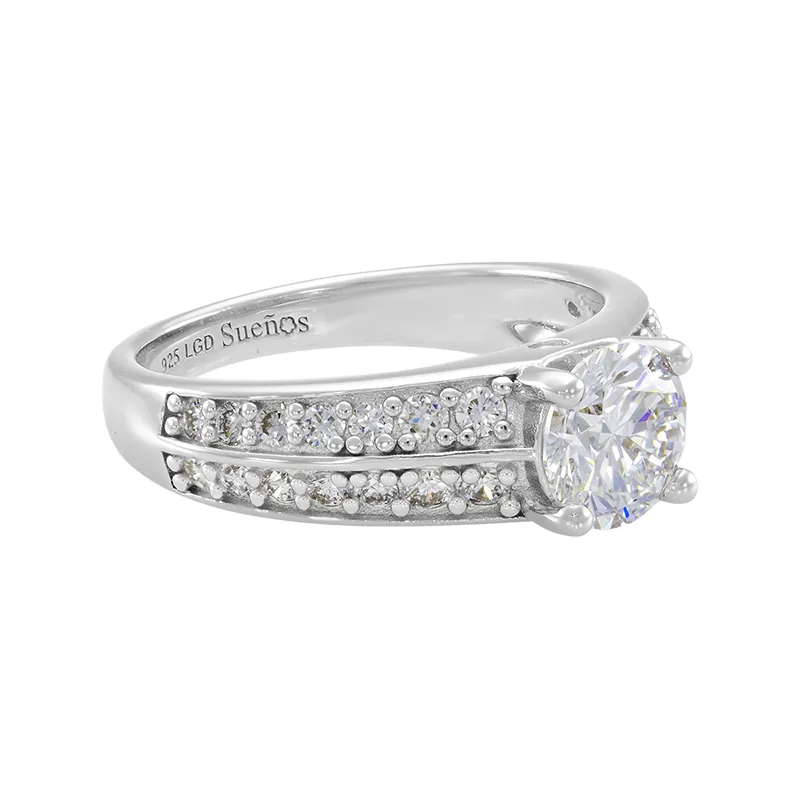 Anillo de compromiso con diamante de laboratorio central redondo de 1.00Ct y decoración en diamantes de laboratorio, en plata ley 925, rodinado - Colección Sueños