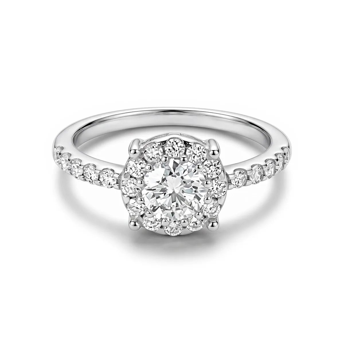 Anillo de compromiso halo redondo, con diamante de laboratorio central redondo y decoración en diamantes de laboratorio, en plata ley 925, rodinado - Colección Sueños