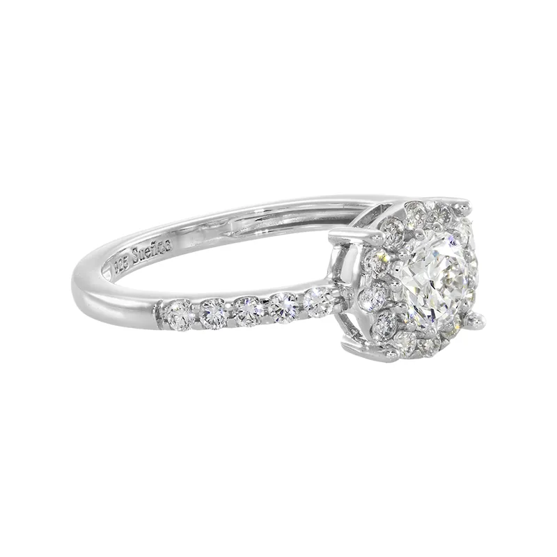 Anillo de compromiso halo redondo, con diamante de laboratorio central redondo y decoración en diamantes de laboratorio, en plata ley 925, rodinado - Colección Sueños
