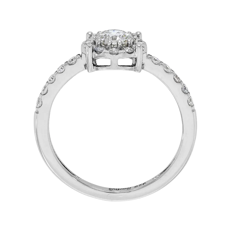 Anillo de compromiso halo redondo, con diamante de laboratorio central redondo y decoración en diamantes de laboratorio, en plata ley 925, rodinado - Colección Sueños