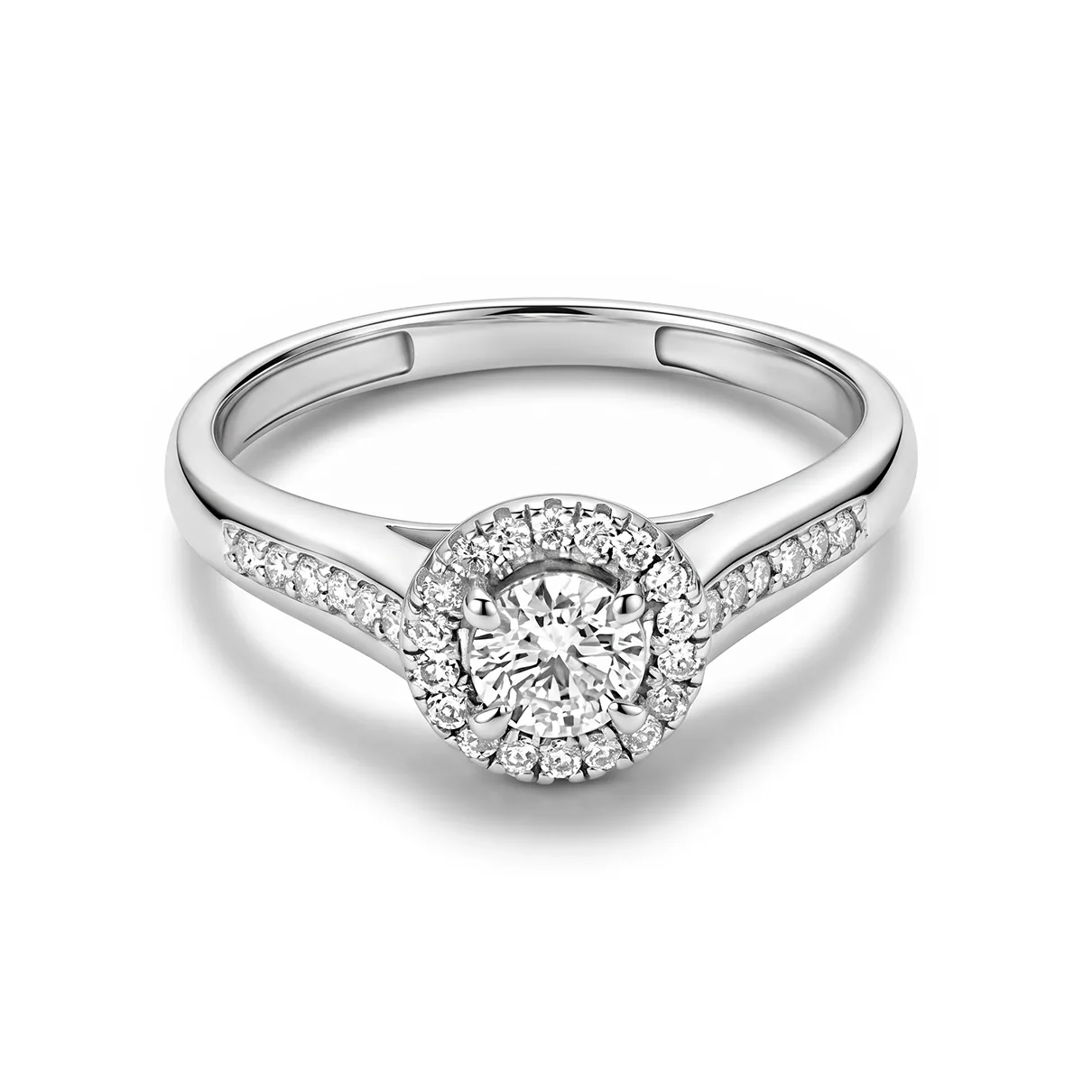 Anillo de compromiso halo redondo, con diamante de laboratorio central redondo y decoración en diamantes de laboratorio, en plata ley 925, rodinado - Colección Sueños