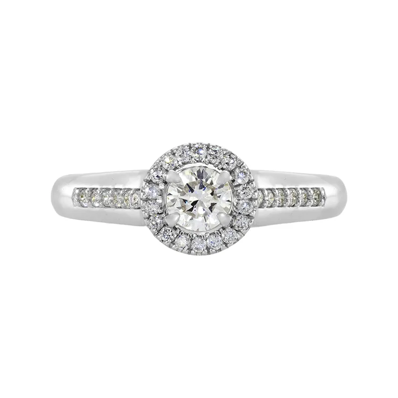 Anillo de compromiso halo redondo, con diamante de laboratorio central redondo y decoración en diamantes de laboratorio, en plata ley 925, rodinado - Colección Sueños