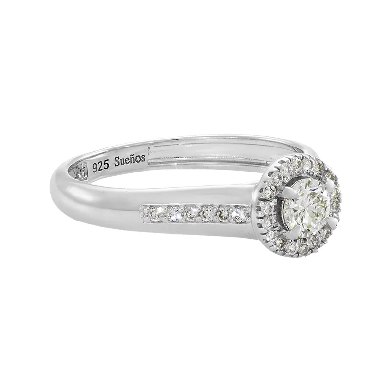 Anillo de compromiso halo redondo, con diamante de laboratorio central redondo y decoración en diamantes de laboratorio, en plata ley 925, rodinado - Colección Sueños