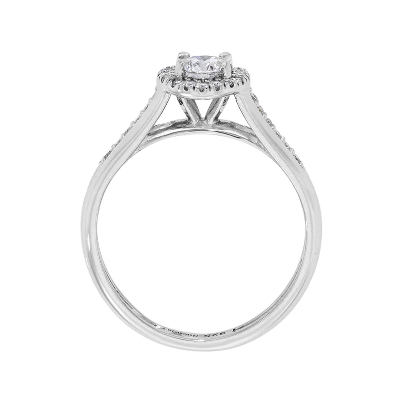 Anillo de compromiso halo redondo, con diamante de laboratorio central redondo y decoración en diamantes de laboratorio, en plata ley 925, rodinado - Colección Sueños