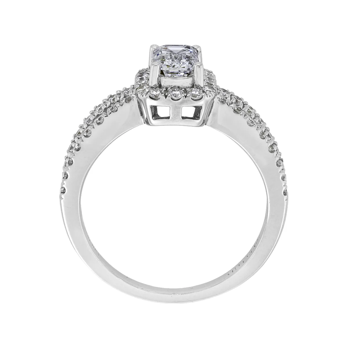 Anillo de compromiso halo rectangular, con diamante de laboratorio central corte esmeralda de 0.50Ct y decoración en diamantes de laboratorio, en plata ley 925, rodinado - Colección Sueños