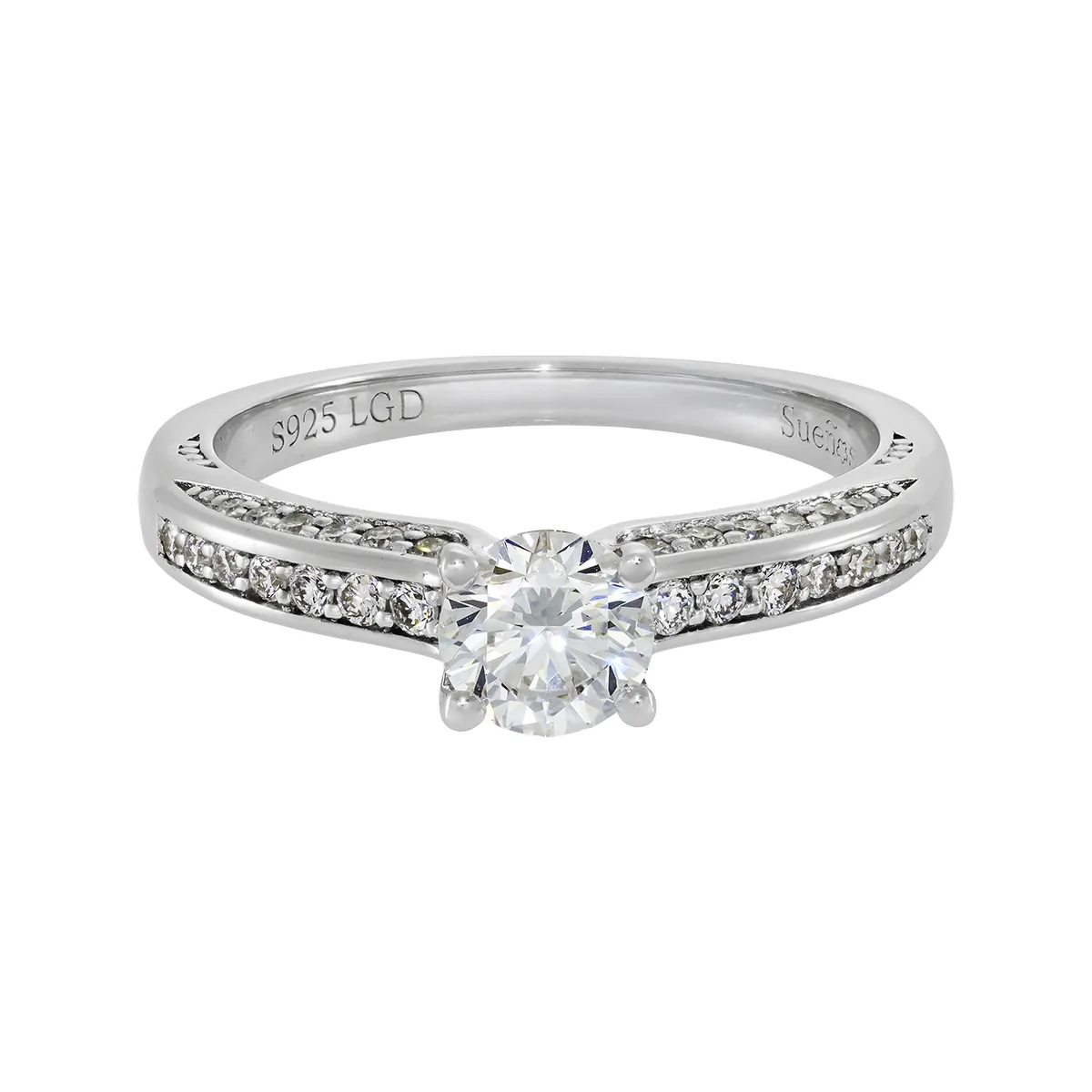 Anillo de compromiso con diamante de laboratorio central redondo de 0.50Ct y decoración en diamantes de laboratorio, en plata ley 925, rodinado - Colección Sueños