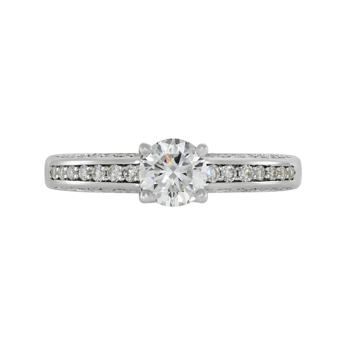 Anillo de compromiso con diamante de laboratorio central redondo de 0.50Ct y decoración en diamantes de laboratorio, en plata ley 925, rodinado - Colección Sueños