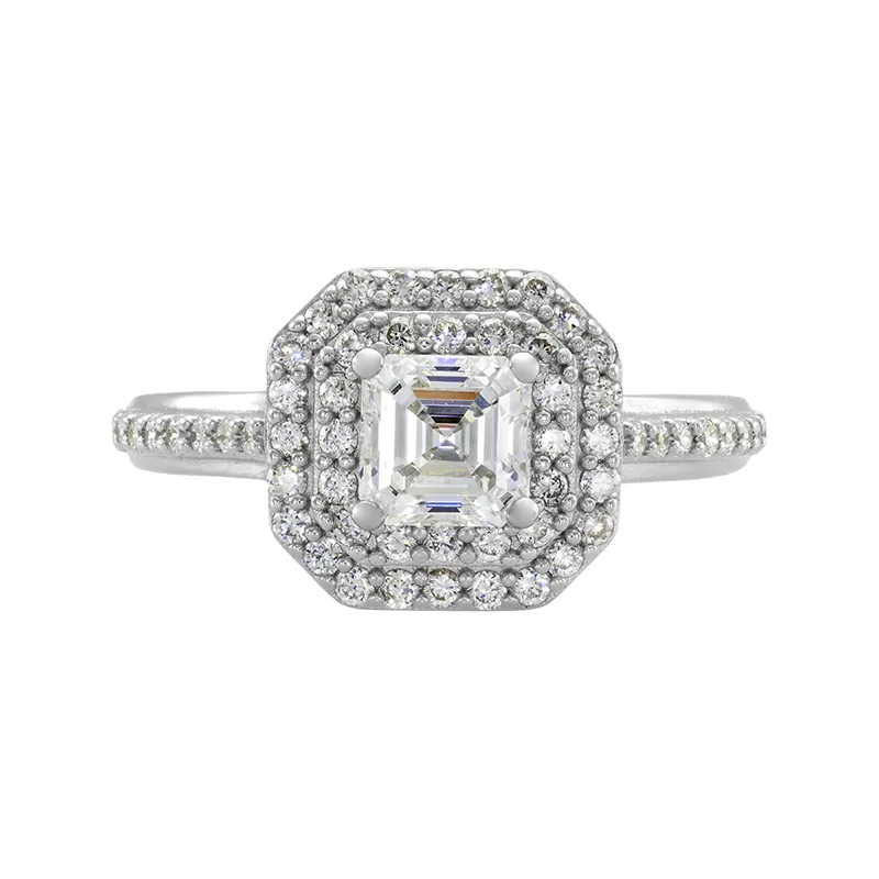 Anillo de compromiso halo doble, con diamante de laboratorio central princess de 1.00Ct y decoración en diamantes de laboratorio, en plata ley 925, rodinado - Colección Sueños