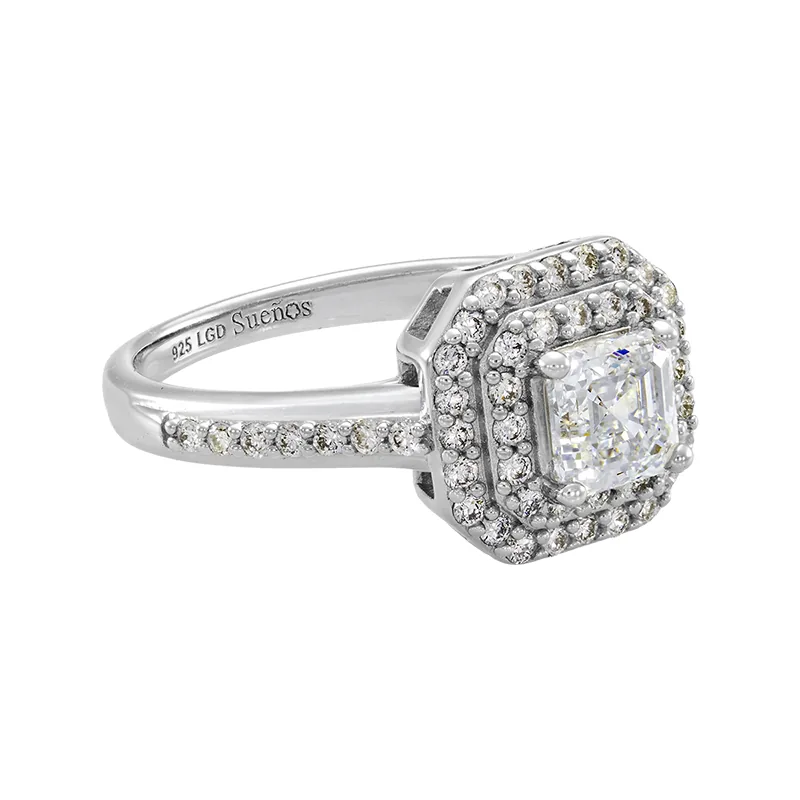 Anillo de compromiso halo doble, con diamante de laboratorio central princess de 1.00Ct y decoración en diamantes de laboratorio, en plata ley 925, rodinado - Colección Sueños