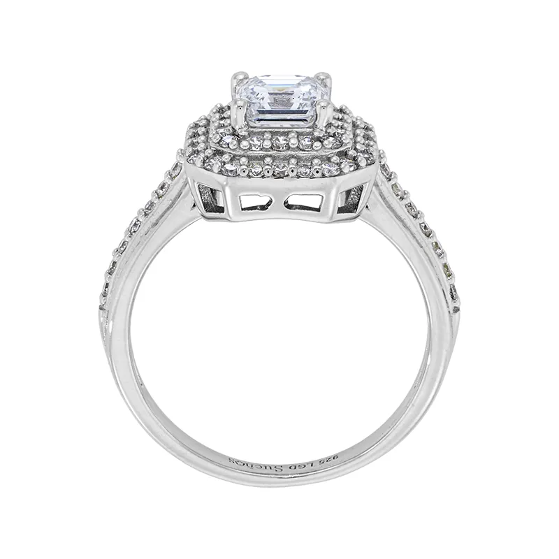 Anillo de compromiso halo doble, con diamante de laboratorio central princess de 1.00Ct y decoración en diamantes de laboratorio, en plata ley 925, rodinado - Colección Sueños