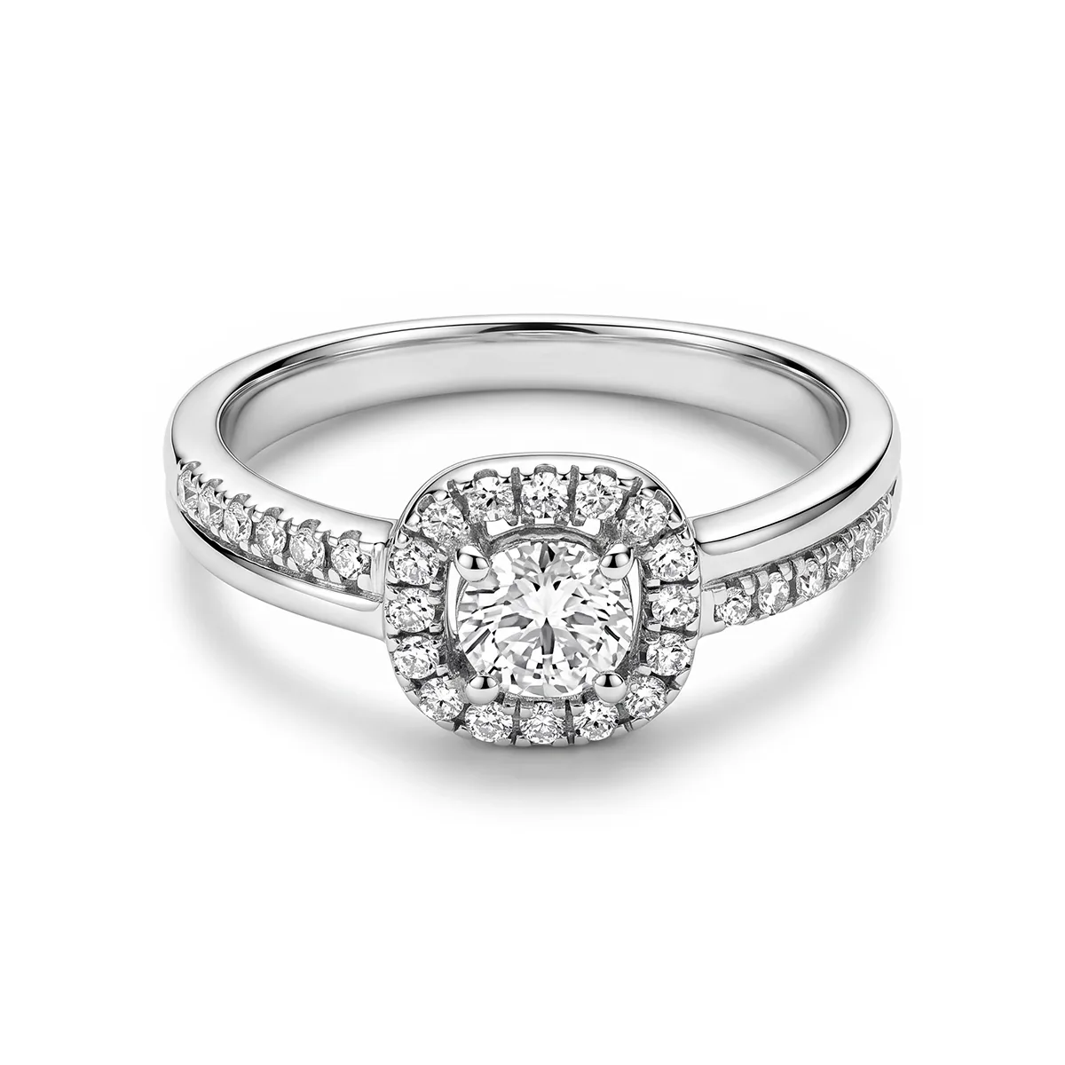 Anillo de compromiso halo cuadrado, con diamante de laboratorio central redondo y decoración en diamantes de laboratorio, en plata ley 925, rodinado - Colección Sueños