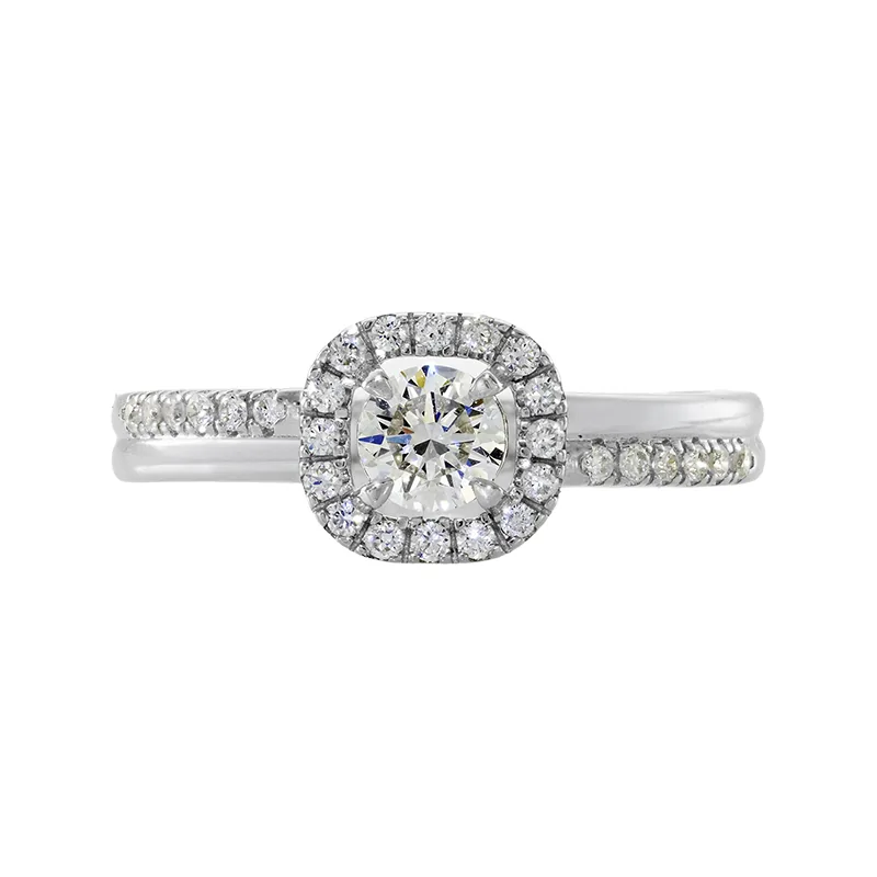 Anillo de compromiso halo cuadrado, con diamante de laboratorio central redondo de 0.25Ct y decoración en diamantes de laboratorio, en plata ley 925, rodinado - Colección Sueños