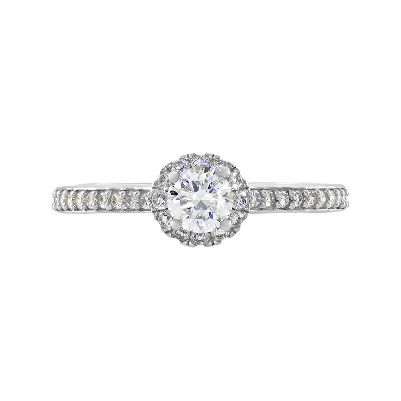 Anillo de compromiso halo redondo, con diamante de laboratorio central redondo y decoración en diamantes de laboratorio, en plata ley 925, rodinado - Colección Sueños