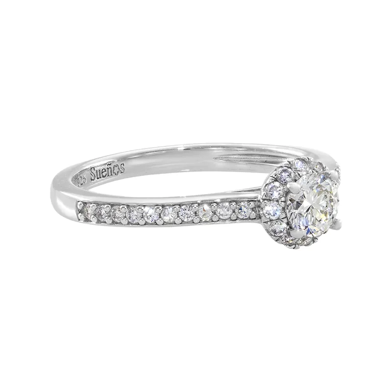 Anillo de compromiso halo redondo, con diamante de laboratorio central redondo y decoración en diamantes de laboratorio, en plata ley 925, rodinado - Colección Sueños