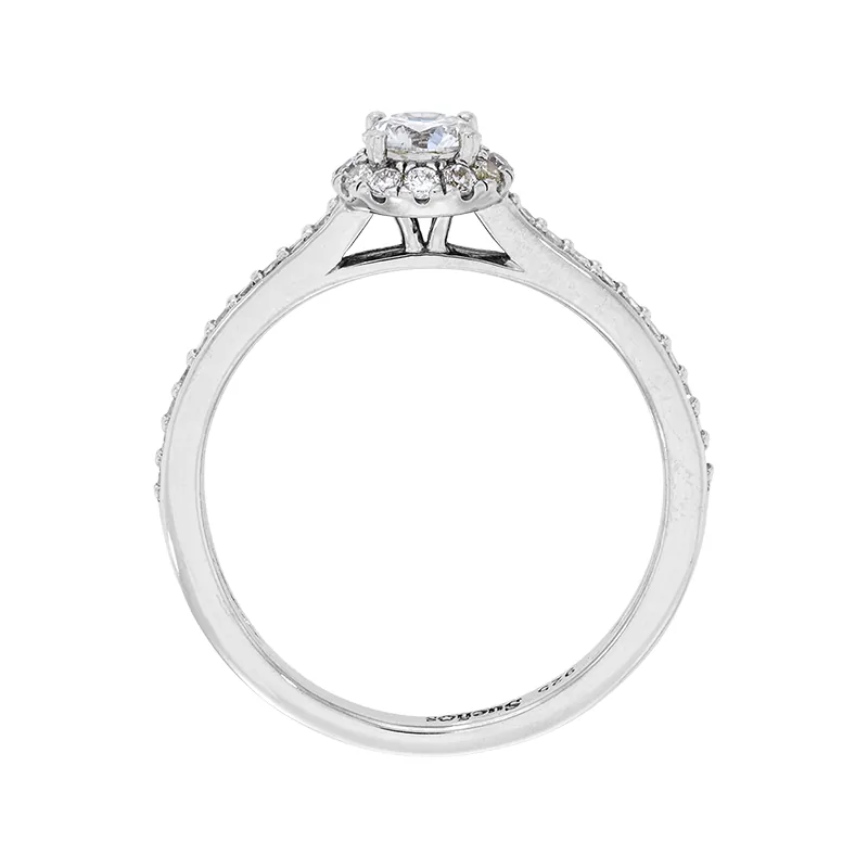 Anillo de compromiso halo redondo, con diamante de laboratorio central redondo y decoración en diamantes de laboratorio, en plata ley 925, rodinado - Colección Sueños