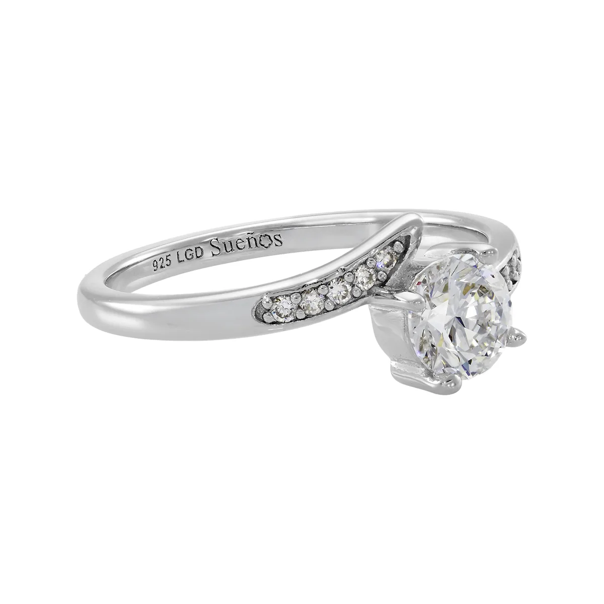 Anillo de compromiso con diamante de laboratorio central redondo y decoración en diamantes de laboratorio, en plata ley 925, rodinado - Colección Sueños