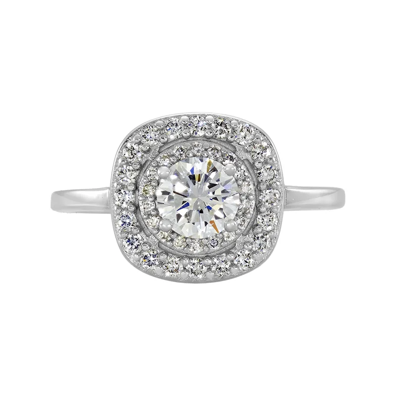 Anillo de compromiso halo doble, con diamante de laboratorio central redondo de 0.50Ct y decoración en diamantes de laboratorio, en plata ley 925, rodinado, liso - Colección Sueños