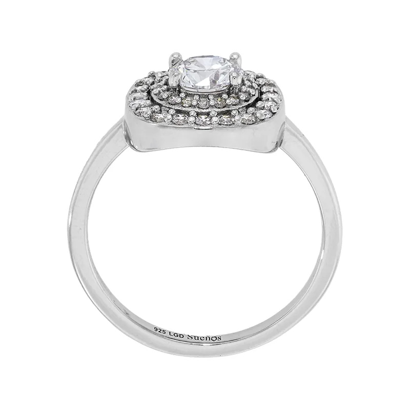 Anillo de compromiso halo doble, con diamante de laboratorio central redondo de 0.50Ct y decoración en diamantes de laboratorio, en plata ley 925, rodinado, liso - Colección Sueños
