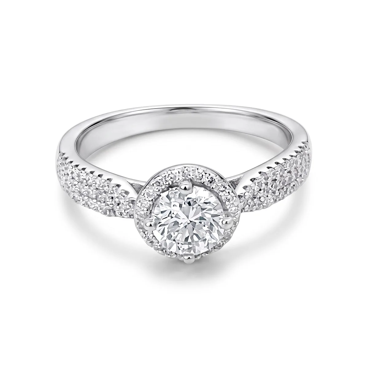 Anillo de compromiso halo redondo, con diamante de laboratorio central redondo de 0.50Ct y decoración en diamantes de laboratorio, en plata ley 925, rodinado - Colección Sueños