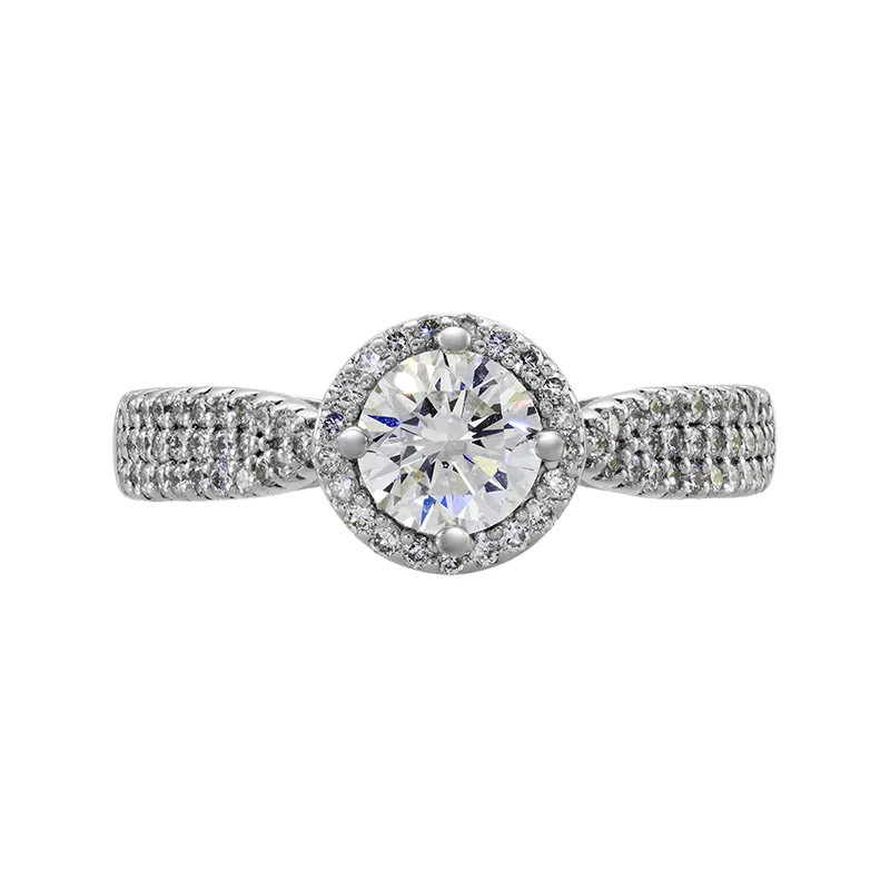 Anillo de compromiso halo redondo, con diamante de laboratorio central redondo de 0.50Ct y decoración en diamantes de laboratorio, en plata ley 925, rodinado - Colección Sueños